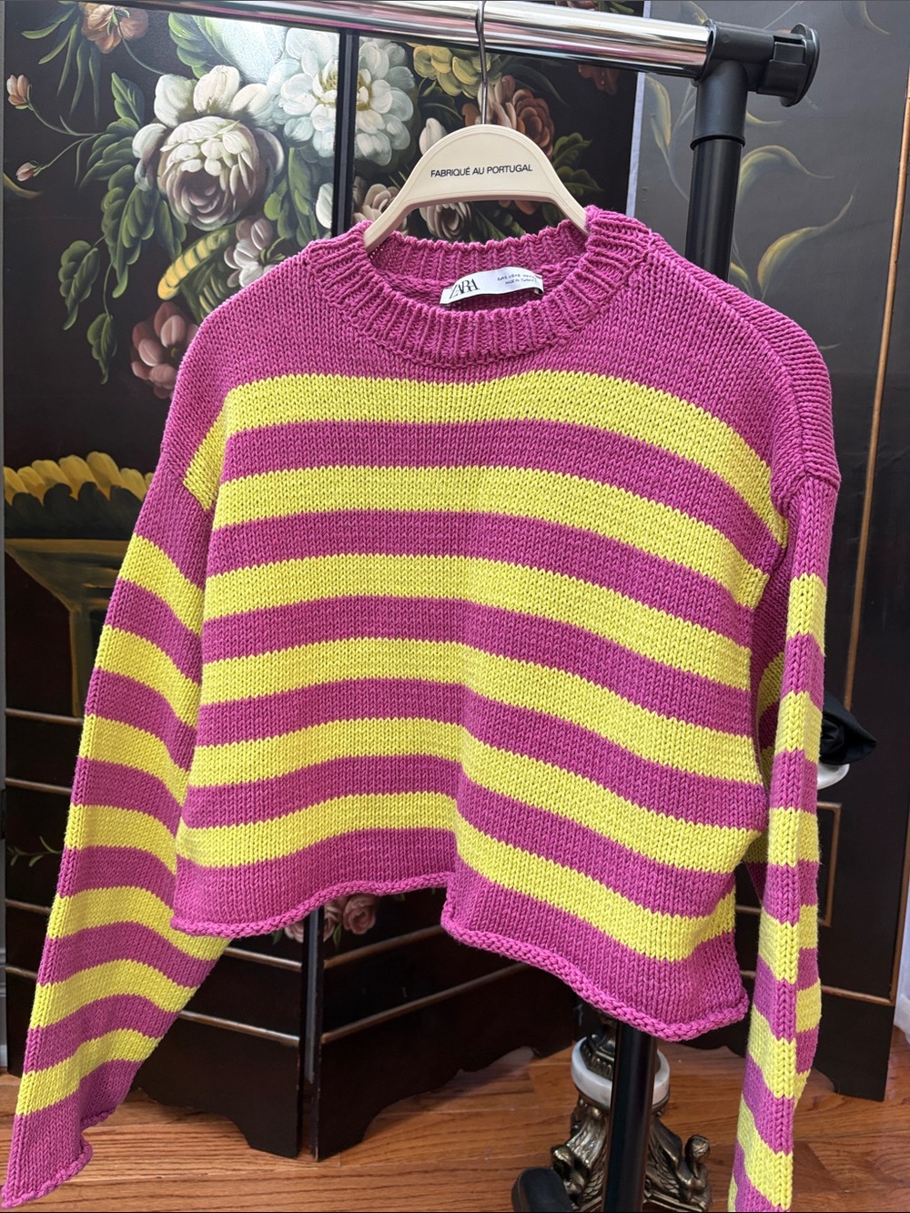 Zara Fuchsia and Yellow Striped Cropped Crew Sweater
